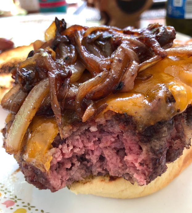 Grilled Bacon Burgers with Caramelized Onions and Blue Cheese